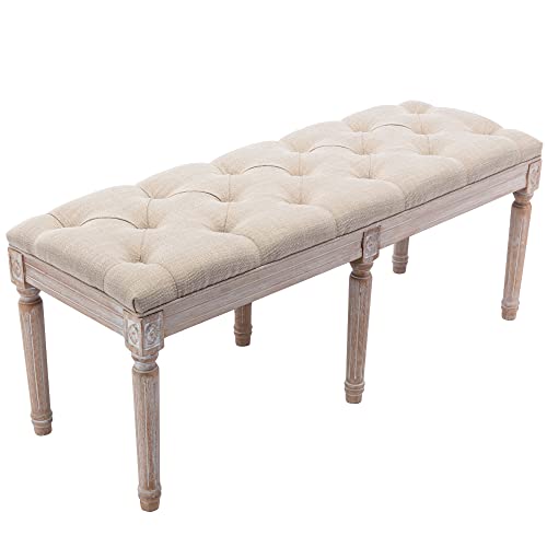 chairus Fabric Upholstered Dining Bench - Classic Entryway Ottoman Bench Bedroom Bench with Rustic Wood Legs - Beige