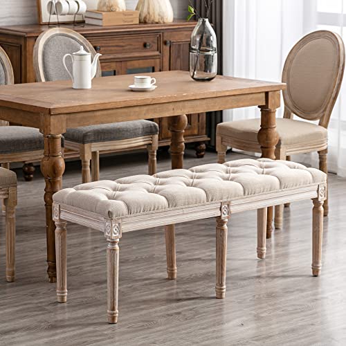 chairus Fabric Upholstered Dining Bench - Classic Entryway Ottoman Bench Bedroom Bench with Rustic Wood Legs - Beige