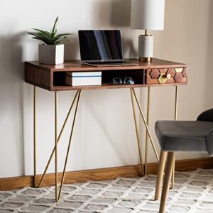 safavieh home office raveena modern natural acacia and brass 1-drawer hairpin leg desk