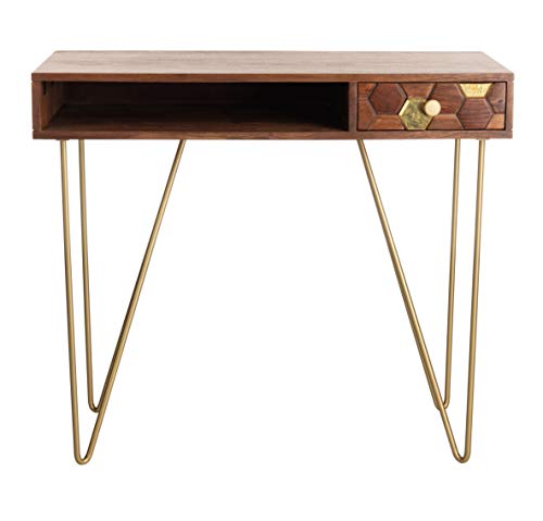 Safavieh Home Office Raveena Modern Natural Acacia and Brass 1-drawer Hairpin Leg Desk