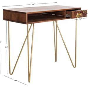 Safavieh Home Office Raveena Modern Natural Acacia and Brass 1-drawer Hairpin Leg Desk