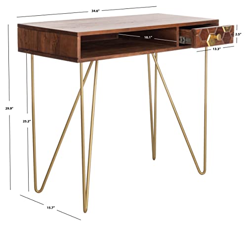 Safavieh Home Office Raveena Modern Natural Acacia and Brass 1-drawer Hairpin Leg Desk