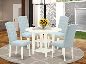 east west furniture suce5-lwh-15 5pc set includes a round dining table with drop leaves and four parson chairs with baby blue fabric, linen (white) finish