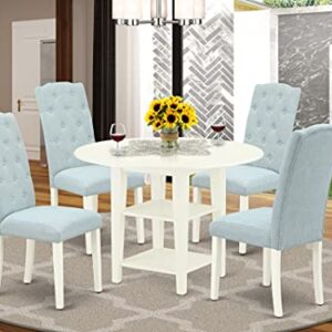 East West Furniture SUCE5-LWH-15 5Pc Set Includes a Round Dining Table with Drop Leaves and Four Parson Chairs with Baby Blue Fabric, Linen (White) Finish