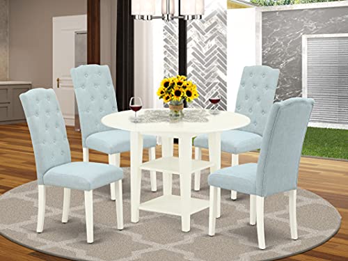 East West Furniture SUCE5-LWH-15 5Pc Set Includes a Round Dining Table with Drop Leaves and Four Parson Chairs with Baby Blue Fabric, Linen (White) Finish