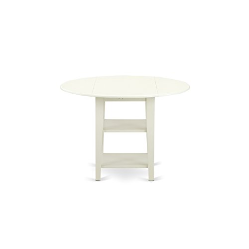 East West Furniture SUCE5-LWH-15 5Pc Set Includes a Round Dining Table with Drop Leaves and Four Parson Chairs with Baby Blue Fabric, Linen (White) Finish