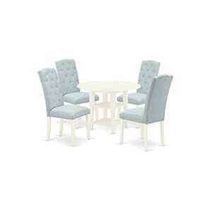 East West Furniture SUCE5-LWH-15 5Pc Set Includes a Round Dining Table with Drop Leaves and Four Parson Chairs with Baby Blue Fabric, Linen (White) Finish