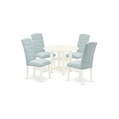 East West Furniture SUCE5-LWH-15 5Pc Set Includes a Round Dining Table with Drop Leaves and Four Parson Chairs with Baby Blue Fabric, Linen (White) Finish