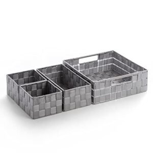 bino 4-piece woven strap storage basket organizer set - shelf organizer with built-in carry handles, light grey