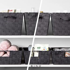 BINO 3 Pack Woven Strap Storage Basket Organizer - Shelf/Under Bed Organizers with Built-in Carry Handles, Dark Grey (Small)