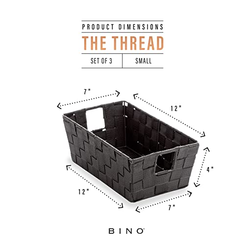 BINO 3 Pack Woven Strap Storage Basket Organizer - Shelf/Under Bed Organizers with Built-in Carry Handles, Dark Grey (Small)
