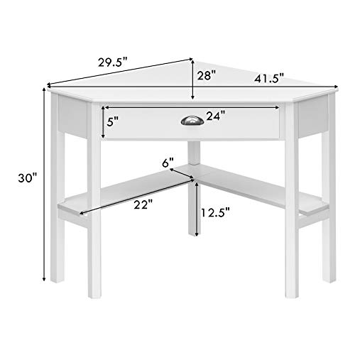 Tangkula White Corner Desk, Corner Computer Desk with Drawer for Small Space, Small Corner Makeup Vanity Desk, 90 Degrees Triangle Corner Desk with Storage Shelves