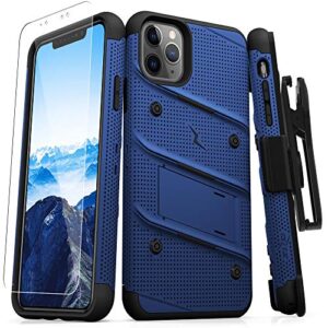 zizo bolt series iphone 11 pro case - heavy-duty military-grade drop protection w/kickstand included belt clip holster tempered glass lanyard - blue