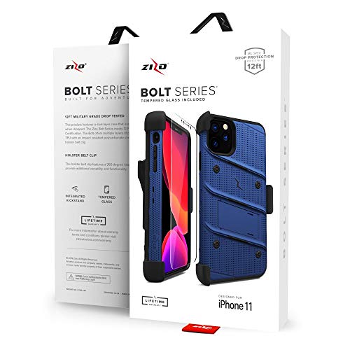 ZIZO Bolt Series iPhone 11 Pro Case - Heavy-Duty Military-Grade Drop Protection w/Kickstand Included Belt Clip Holster Tempered Glass Lanyard - Blue