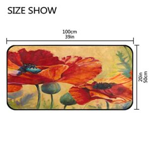 CaTaKu Tropical Poppy Flower Area Rug 39x20 Inches Polyester Area Rug Floor Rug Runner Washable Carpet Mat for Kitchen Dinning Room Home Decorative