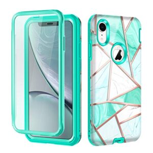 hekodonk for iphone xr case built in screen protector heavy duty high impact hard pc tpu bumper full body protective shockproof anti-scratch cover for apple iphone xr 6.1 inch 2018-marble mint
