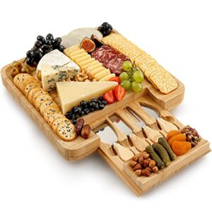 zulay kitchen premium bamboo cheese board set - extra thick bamboo charcuterie board set with 4 piece knife set - wooden cheese board is perfect for charcuterie, wine and cheese (party set)