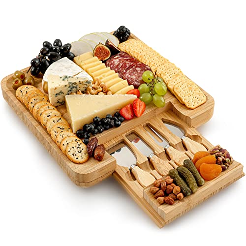 Zulay Kitchen Premium Bamboo Cheese Board Set - Extra Thick Bamboo Charcuterie Board Set with 4 Piece Knife Set - Wooden Cheese Board is Perfect for Charcuterie, Wine and Cheese (Party Set)