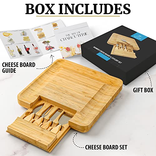 Zulay Kitchen Premium Bamboo Cheese Board Set - Extra Thick Bamboo Charcuterie Board Set with 4 Piece Knife Set - Wooden Cheese Board is Perfect for Charcuterie, Wine and Cheese (Party Set)