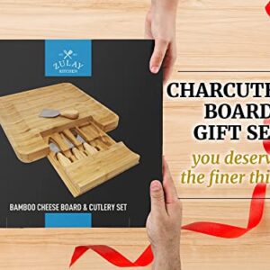 Zulay Kitchen Premium Bamboo Cheese Board Set - Extra Thick Bamboo Charcuterie Board Set with 4 Piece Knife Set - Wooden Cheese Board is Perfect for Charcuterie, Wine and Cheese (Party Set)