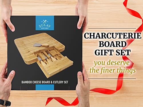 Zulay Kitchen Premium Bamboo Cheese Board Set - Extra Thick Bamboo Charcuterie Board Set with 4 Piece Knife Set - Wooden Cheese Board is Perfect for Charcuterie, Wine and Cheese (Party Set)