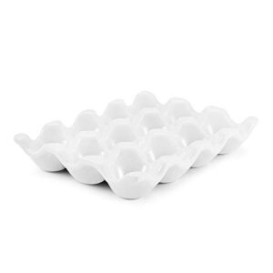 flexzion ceramic 12 cups egg tray - whole dozen porcelain egg holder container keeper storage organizer decorative serving stand serveware for refrigerator fridge countertop display kitchen (white)