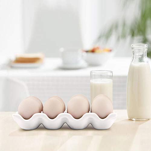 Flexzion Ceramic 12 Cups Egg Tray - Whole Dozen Porcelain Egg Holder Container Keeper Storage Organizer Decorative Serving Stand Serveware for Refrigerator Fridge Countertop Display Kitchen (White)