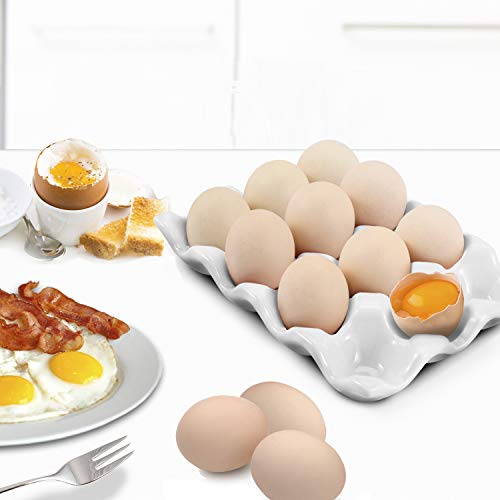 Flexzion Ceramic 12 Cups Egg Tray - Whole Dozen Porcelain Egg Holder Container Keeper Storage Organizer Decorative Serving Stand Serveware for Refrigerator Fridge Countertop Display Kitchen (White)