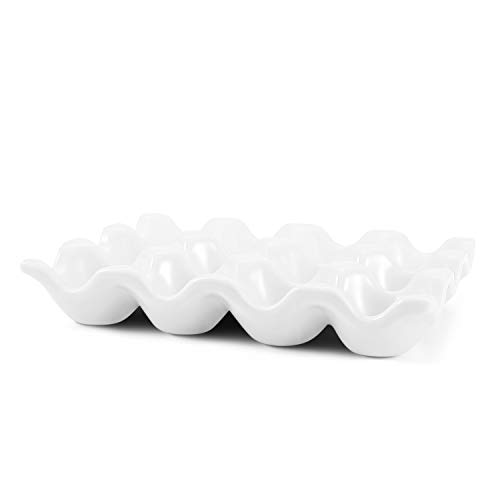 Flexzion Ceramic 12 Cups Egg Tray - Whole Dozen Porcelain Egg Holder Container Keeper Storage Organizer Decorative Serving Stand Serveware for Refrigerator Fridge Countertop Display Kitchen (White)