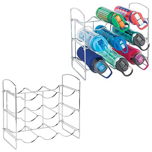 mDesign Metal Wire Free-Standing Water Bottle Rack - Storage Organizer for Kitchen Countertops, Pantry, Fridge - 3 Levels, Holds 9 Bottles - 2 Pack - Chrome