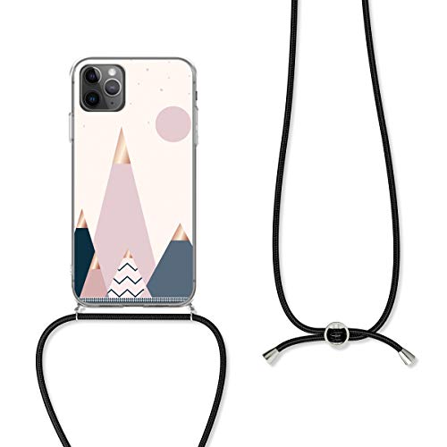 kwmobile Crossbody Case Compatible with Apple iPhone 11 Pro - TPU Silicone Cover IMD Design with Neck Cord Lanyard Strap - Moon and Mountains Rose Gold/Blue/Pink