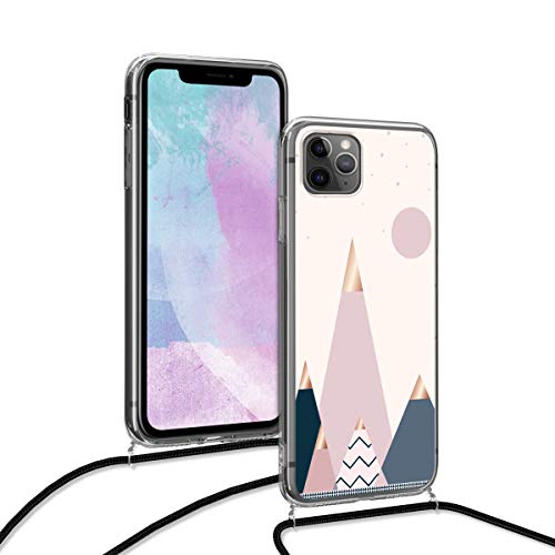 kwmobile Crossbody Case Compatible with Apple iPhone 11 Pro - TPU Silicone Cover IMD Design with Neck Cord Lanyard Strap - Moon and Mountains Rose Gold/Blue/Pink