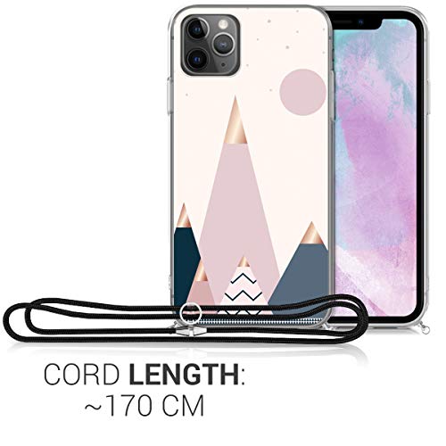 kwmobile Crossbody Case Compatible with Apple iPhone 11 Pro - TPU Silicone Cover IMD Design with Neck Cord Lanyard Strap - Moon and Mountains Rose Gold/Blue/Pink