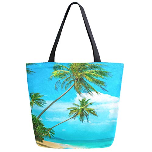 ZzWwR 3d Beautiful Summer Beach Palm Trees Print Extra Large Canvas Shoulder Tote Top Storage Handle Bag for Gym Beach Weekender Travel Shopping