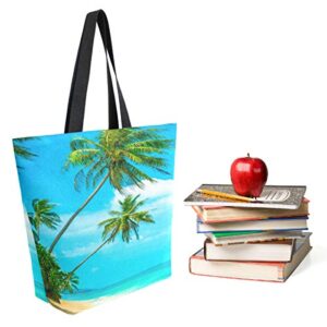 ZzWwR 3d Beautiful Summer Beach Palm Trees Print Extra Large Canvas Shoulder Tote Top Storage Handle Bag for Gym Beach Weekender Travel Shopping