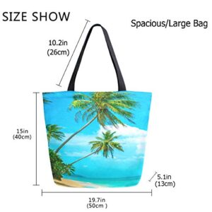 ZzWwR 3d Beautiful Summer Beach Palm Trees Print Extra Large Canvas Shoulder Tote Top Storage Handle Bag for Gym Beach Weekender Travel Shopping