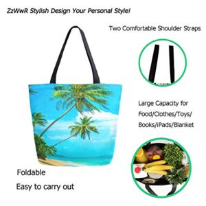 ZzWwR 3d Beautiful Summer Beach Palm Trees Print Extra Large Canvas Shoulder Tote Top Storage Handle Bag for Gym Beach Weekender Travel Shopping