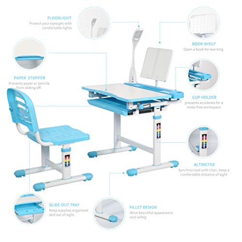 Diroan Kids Functional Desk and Chair Set, Height Adjustable Children School Study Desk with Tilt Desktop, Book Stand, LED Light, Metal Hook and Storage Drawer for Boys Girls Blue