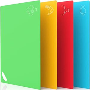 extra-thick plastic cutting boards for kitchen dishwasher safe non-siip, flexible cutting mats for cooking, no-porous, bpa-free, food icons & ez-grip handle (colorful set of 4)
