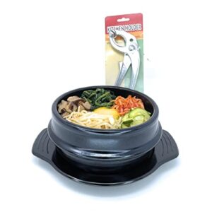 jovely korean cooking premium ceramic stone bowl(dolsot or ddukbaegi) diameter 6.3'' high 2.95'' sizzling hot pot for korean food such as bibimbap and soup (with tray and special bowl tongs set)