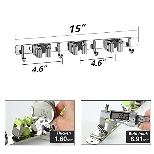 Broom Mop Holder Heavy Duty Wall Mount Stainless Steel Wall Mounted Storage Organizer Tools Hanger with 3 Racks 4 Hooks for Lanudry Garage Kitchen Bathroom Closet Office Garden (2 PCS)