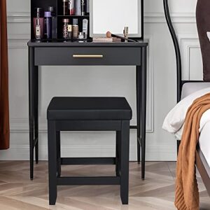 Iwell Large Vanity Stool with Solid Wood Legs, Capacity 330lb, Vanity Bench, Vanity Chair, Dressing Stool for Bedroom, Bathroom, Piano Seat, Black