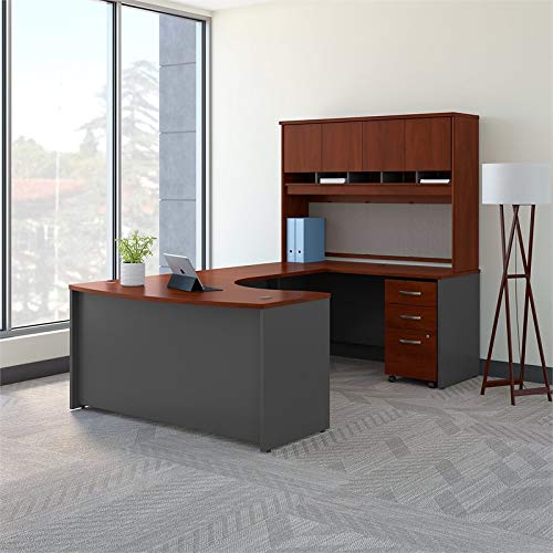 bbf Series C Right Hand Bow U-Shaped Desk with Hutch and Storage in Hansen Cherry Gray