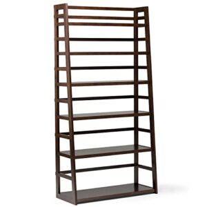 simplihome acadian solid wood 72 inch x 36 inch wide ladder shelf bookcase in brunette brown with 6 shelves, for the living room, study and office