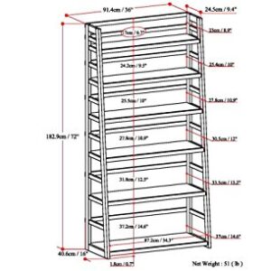 SIMPLIHOME Acadian SOLID WOOD 72 inch x 36 inch Wide Ladder Shelf Bookcase in Brunette Brown with 6 Shelves, for the Living Room, Study and Office