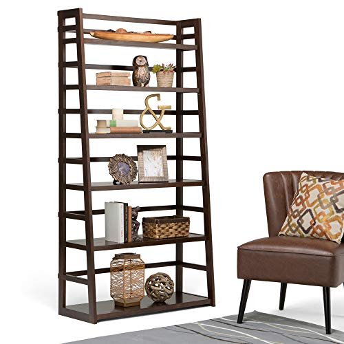 SIMPLIHOME Acadian SOLID WOOD 72 inch x 36 inch Wide Ladder Shelf Bookcase in Brunette Brown with 6 Shelves, for the Living Room, Study and Office