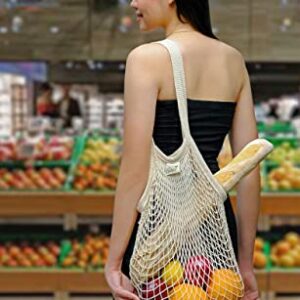 Reusable Grocery Net Bags, Cotton Mesh Tote, Farmer's Market Bags for Fruits and Vegetables, String Shopping Organizer, Storage Bag with Long Handles, 2 Packs (Beige, Gray)