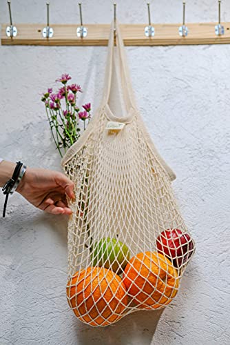 Reusable Grocery Net Bags, Cotton Mesh Tote, Farmer's Market Bags for Fruits and Vegetables, String Shopping Organizer, Storage Bag with Long Handles, 2 Packs (Beige, Gray)