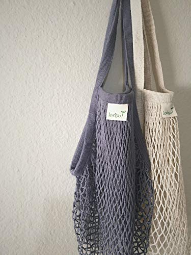 Reusable Grocery Net Bags, Cotton Mesh Tote, Farmer's Market Bags for Fruits and Vegetables, String Shopping Organizer, Storage Bag with Long Handles, 2 Packs (Beige, Gray)