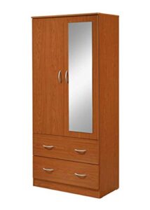 hodedah two door wardrobe with two drawers and hanging rod plus mirror, cherry